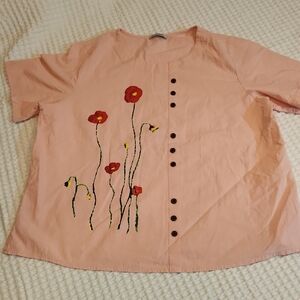 Cellabie Pale Pink Top with Red Floral Design Sz 2XL